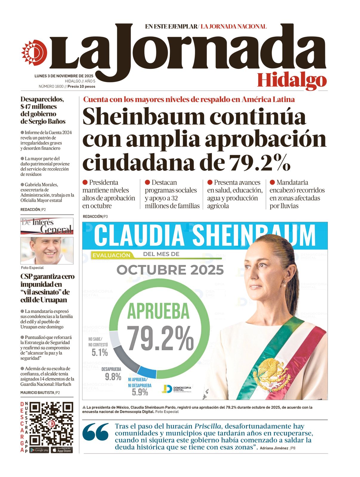 Claudia Sheinbaum continúa con amplia aprobación ciudadana de 79.2%