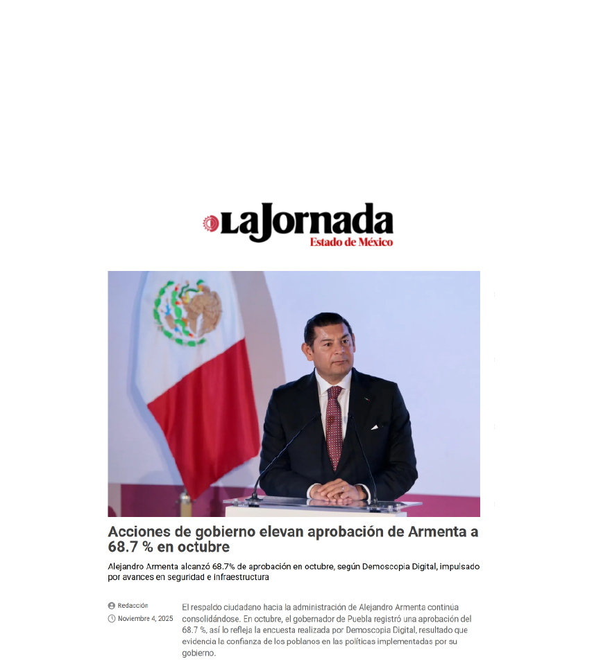 Acciones de gobierno elevan aprobación de Armenta a 68.7 % en octubre