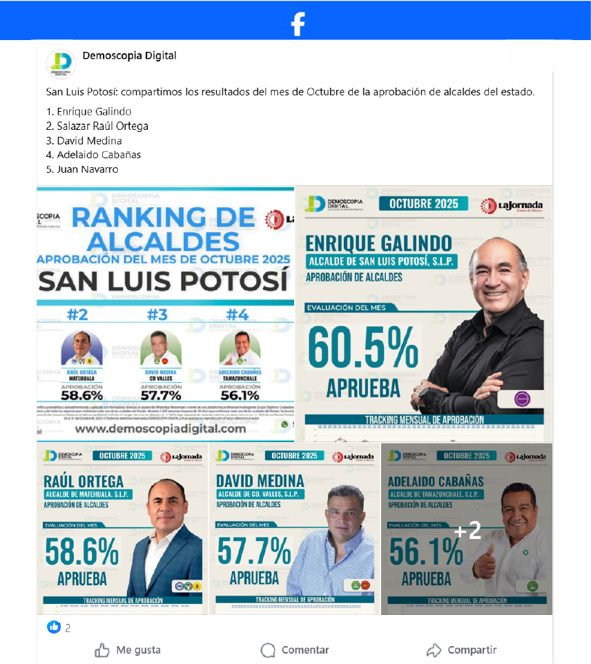 Ranking de aprobación de los alcaldes mejor evaluados del estado de San Luis Potosí.