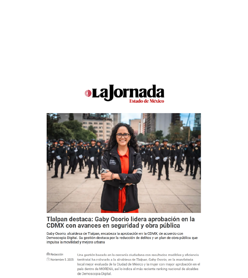 Tlalpan destaca: Gaby Osorio lidera aprobación en la CDMX con avances en seguridad y obra pública