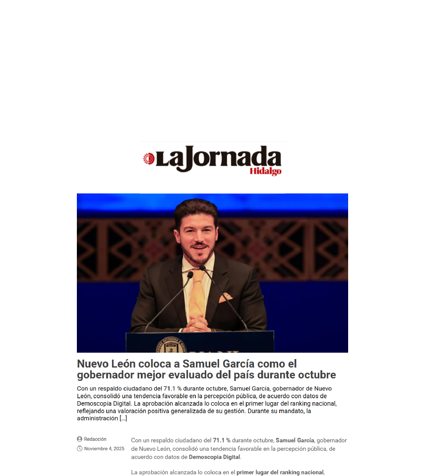 Nuevo León coloca a Samuel García como el gobernador mejor evaluado del país durante octubre