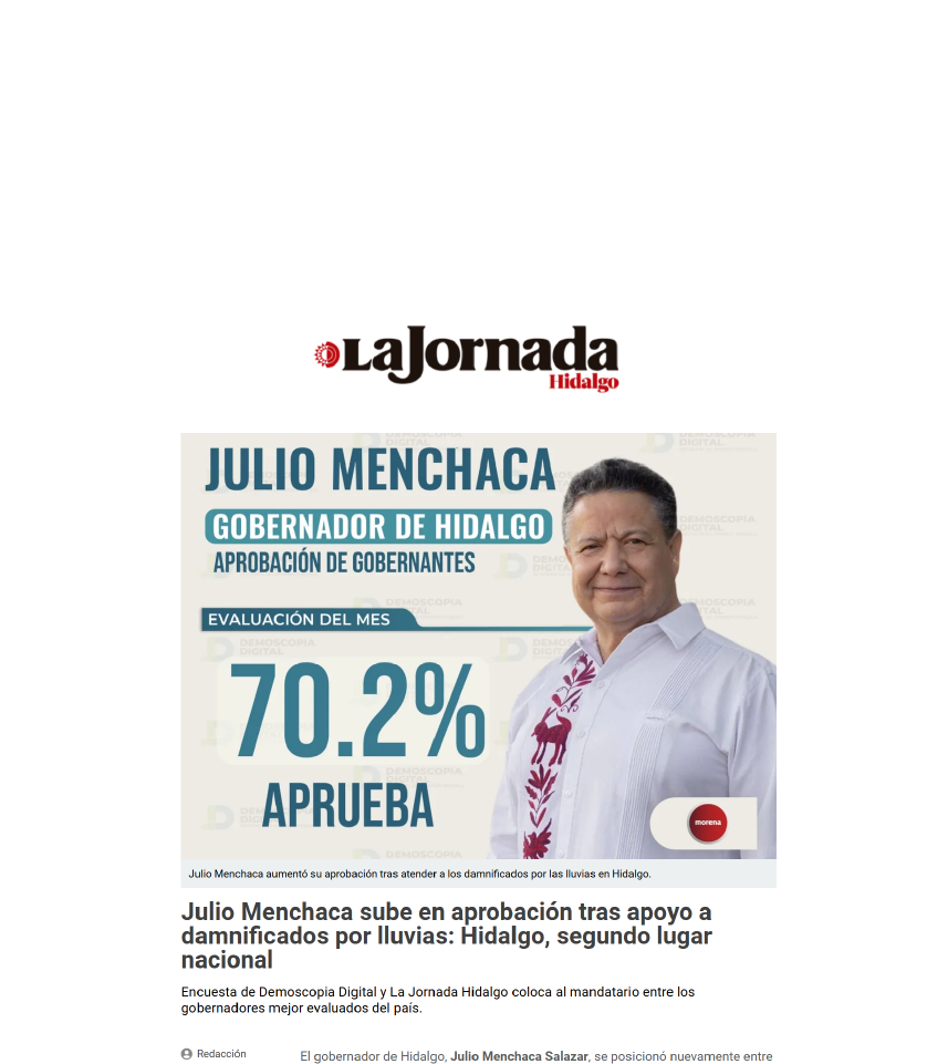 Julio Menchaca sube en aprobación tras apoyo a damnificados por lluvias: Hidalgo, segundo lugar nacional