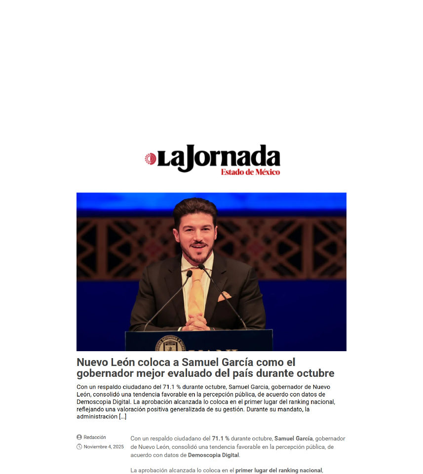 Nuevo León coloca a Samuel García como el gobernador mejor evaluado del país durante octubre