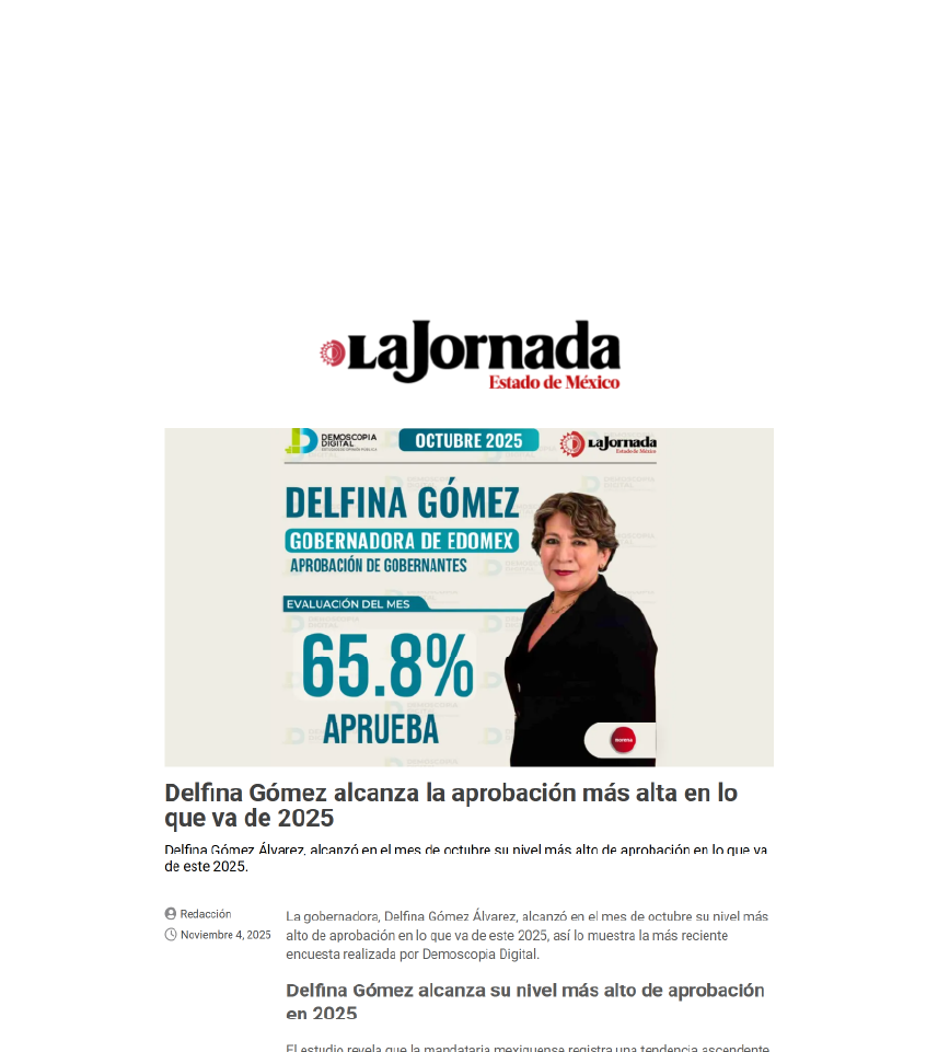 Delfina Gómez alcanza la aprobación más alta en lo que va de 2025