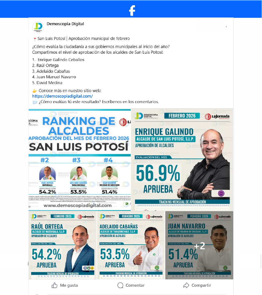 Ranking de Aprobación de los Alcaldes del Estado de San Luis Potosí.